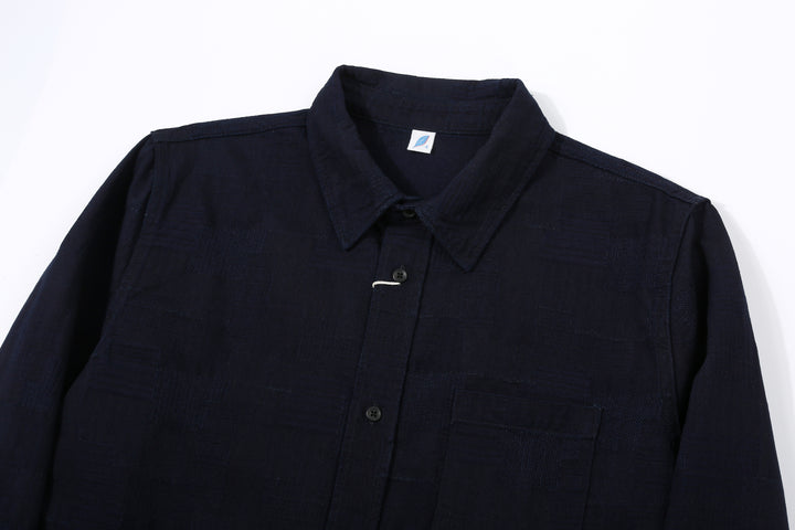 Pure Blue Japan 2239-ID Jacquard Patchwork Boro Shirt Indigo x Indigo Made in Japan Collar