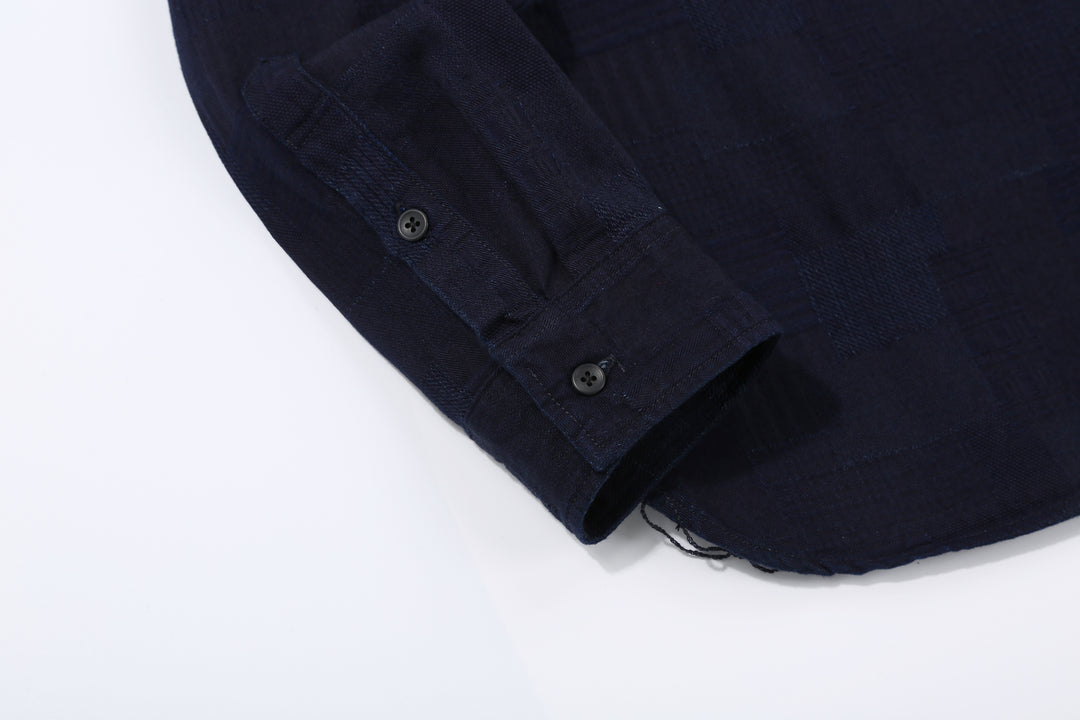 Pure Blue Japan 2239-ID Jacquard Patchwork Boro Shirt Indigo x Indigo Made in Japan Cuff
