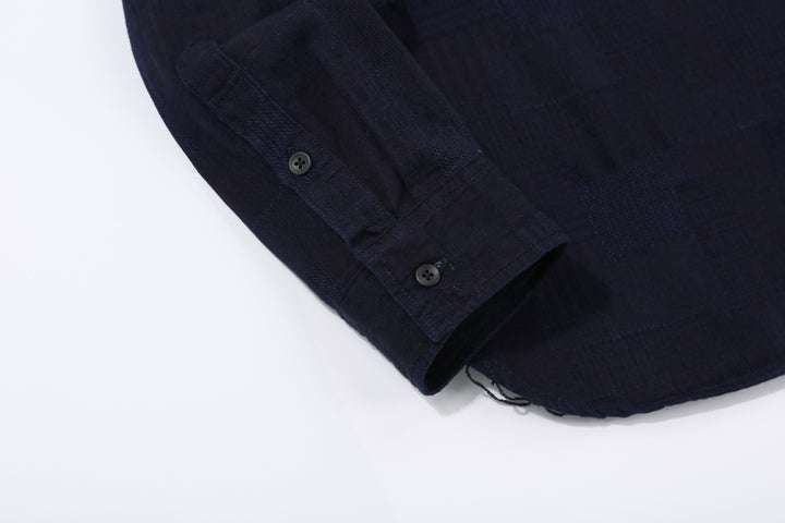 Pure Blue Japan 2239-ID Jacquard Patchwork Boro Shirt Indigo x Indigo Made in Japan Cuff