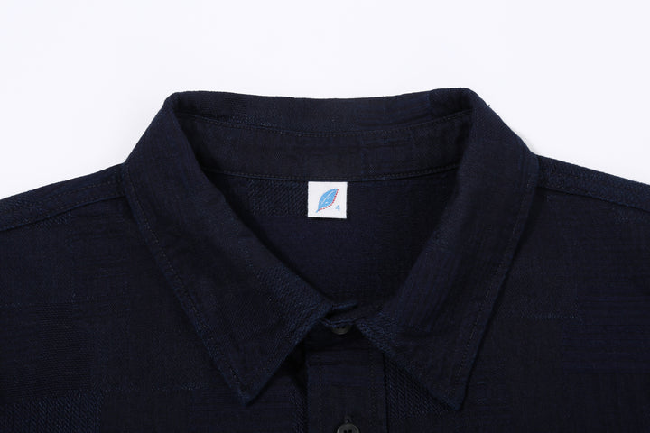Pure Blue Japan 2239-ID Jacquard Patchwork Boro Shirt Indigo x Indigo Made in Japan Collar Close Up