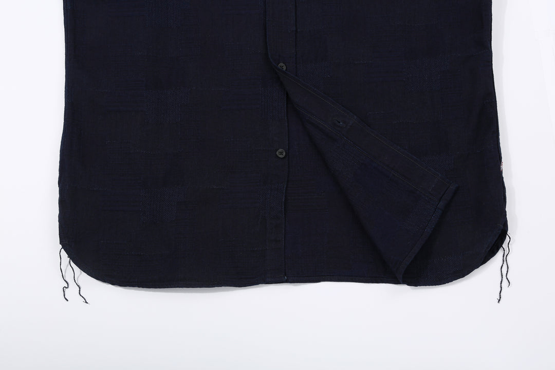 Pure Blue Japan 2239-ID Jacquard Patchwork Boro Shirt Indigo x Indigo Made in Japan Hem and Gusset