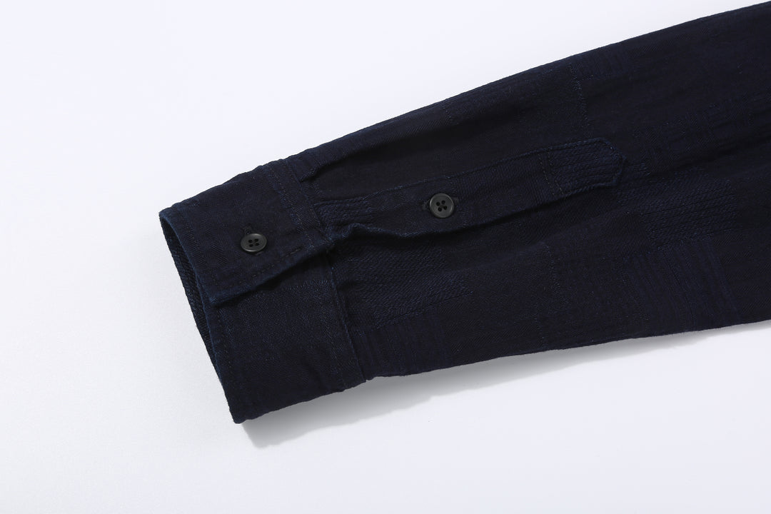 Pure Blue Japan 2239-ID Jacquard Patchwork Boro Shirt Indigo x Indigo Made in Japan Cuff Planket