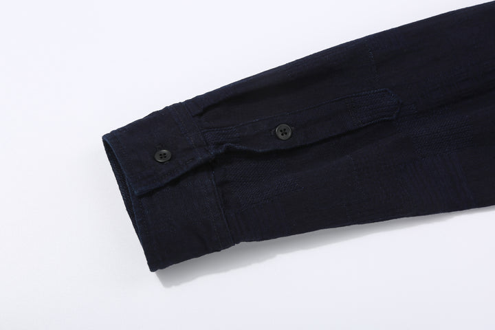 Pure Blue Japan 2239-ID Jacquard Patchwork Boro Shirt Indigo x Indigo Made in Japan Cuff Planket