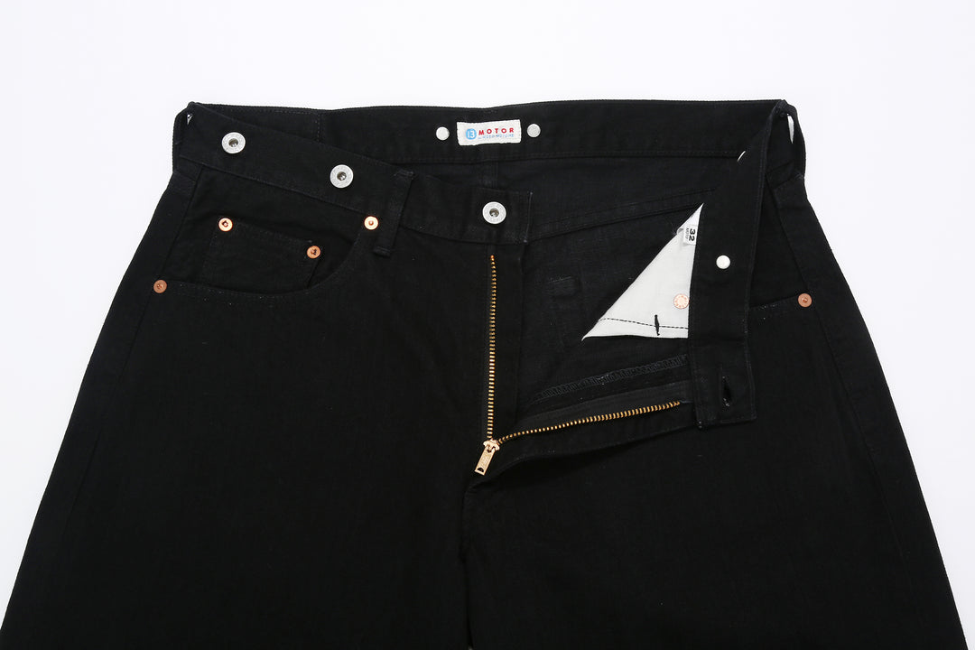 Moto Motor New Vintage 12oz selvedge denim old baggy fit black x black Japanese denim jeans zipper
