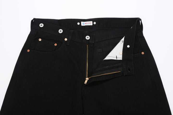 Moto Motor New Vintage 12oz selvedge denim old baggy fit black x black Japanese denim jeans zipper