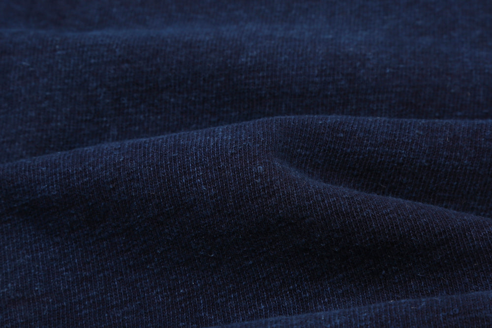 UES 742451 indigo loopwheel crewneck sweatshirt with pocket made in Japan slub cotton fabric close up