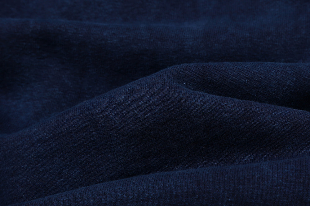 UES 72ZP indigo full zip hooded sweatshirt loopwheel sweat made in Japan heavyweight cotton hoodie fabric close up