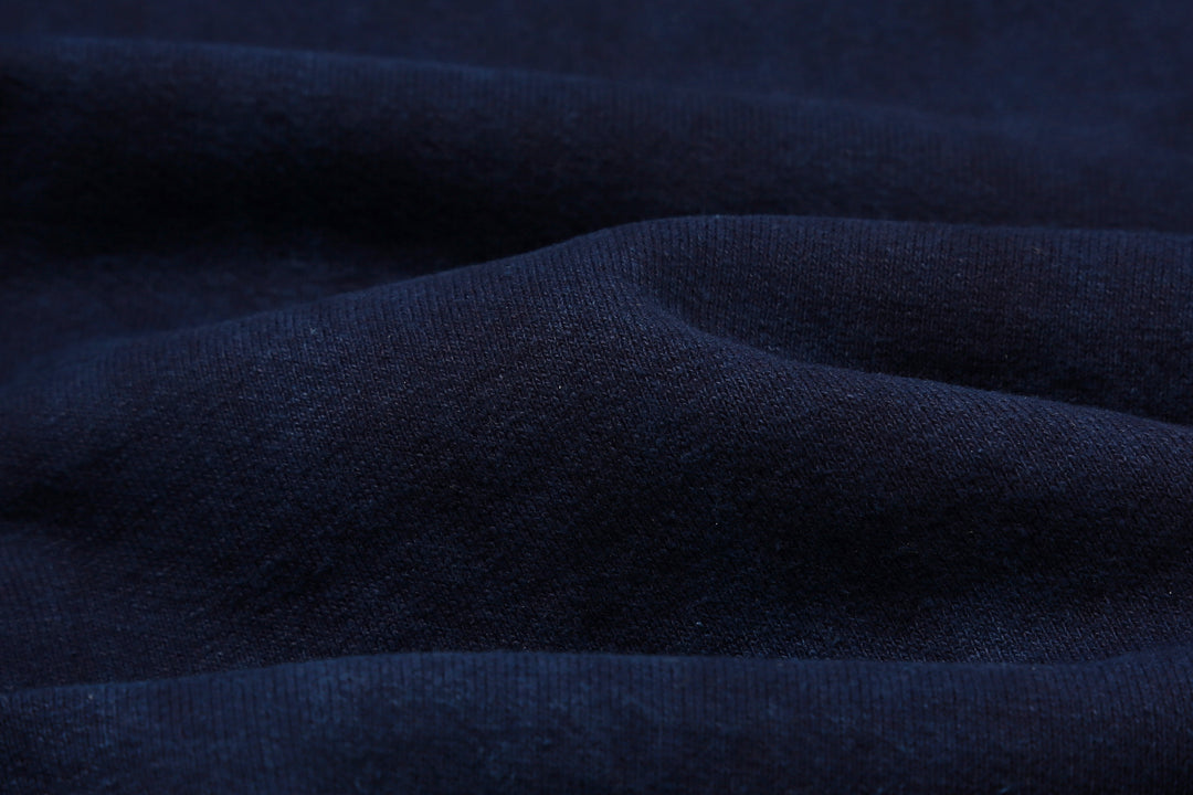 UES 73RF indigo pullover hoodie heavyweight sweat made in Japan kangaroo pocket hooded sweatshirt fabric close up