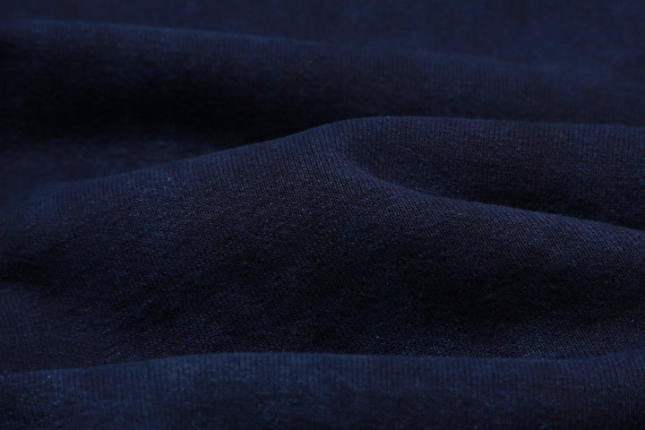 UES 73RF indigo pullover hoodie heavyweight sweat made in Japan kangaroo pocket hooded sweatshirt fabric close up