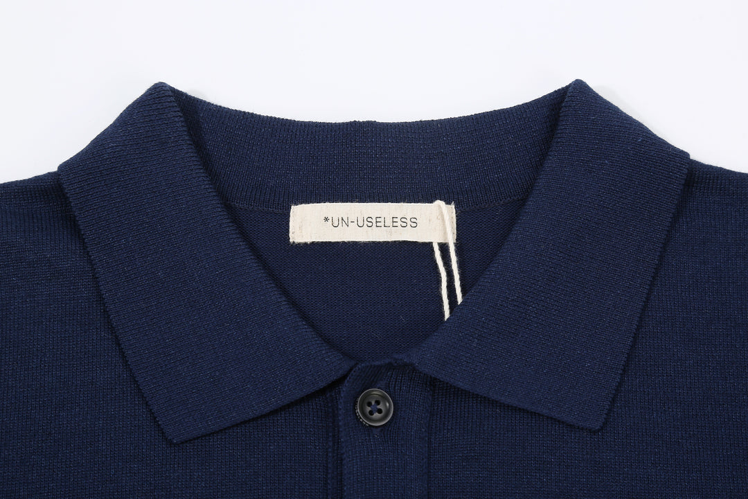 Un-Useless 170218 Plating Knit Linen Polo Shirt Made in Japan Navy Cpllar Close Up