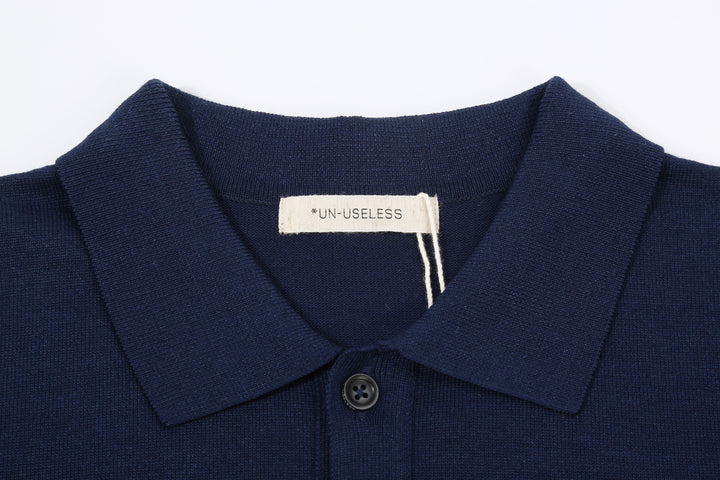 Un-Useless 170218 Plating Knit Linen Polo Shirt Made in Japan Navy Cpllar Close Up