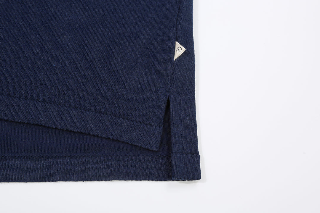 Un-Useless 170218 Plating Knit Linen Polo Shirt Made in Japan Side Slit Hem Navy