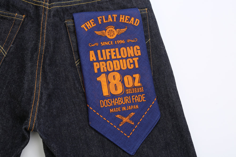 The Flat Head FN-8004 18oz selvedge denim jeans wide tapered fit indigo back pocket bandana