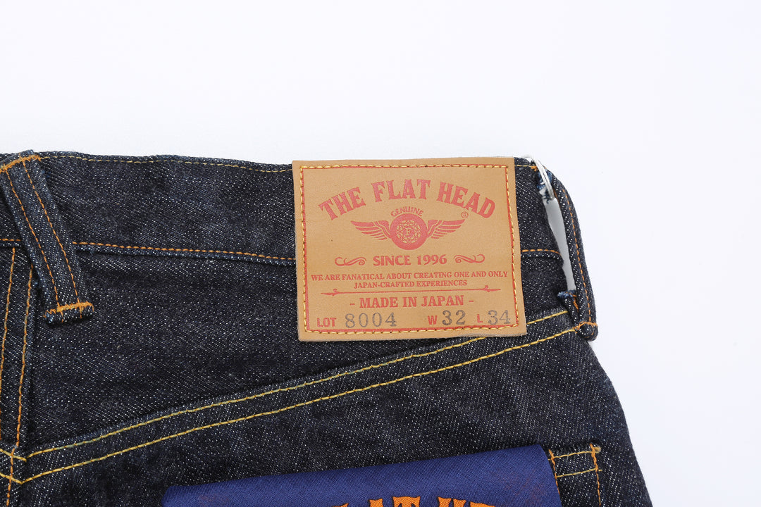 The Flat Head FN-8004 18oz selvedge denim jeans wide tapered fit indigo leather patch