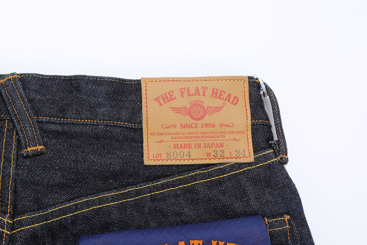 The Flat Head FN-8004 18oz selvedge denim jeans wide tapered fit indigo leather patch