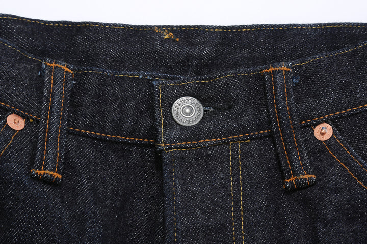 The Flat Head FN-8004 18oz selvedge denim jeans wide tapered fit indigo front view button close up