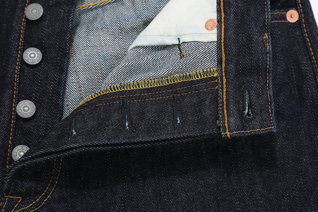 The Flat Head FN-8004 18oz selvedge denim jeans wide tapered fit indigo button hole