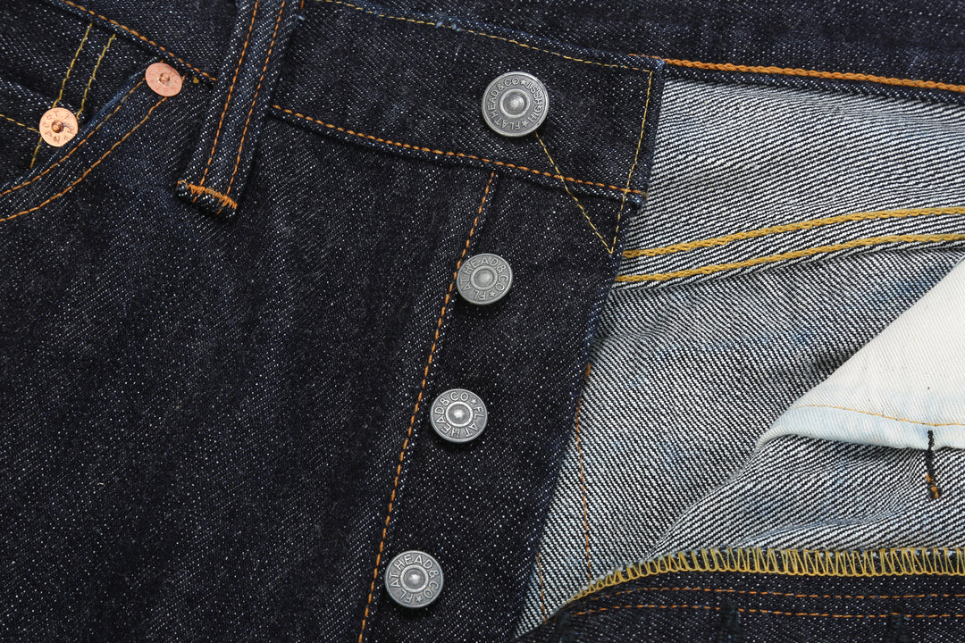 The Flat Head FN-8004 18oz selvedge denim jeans wide tapered fit indigo buttons detail