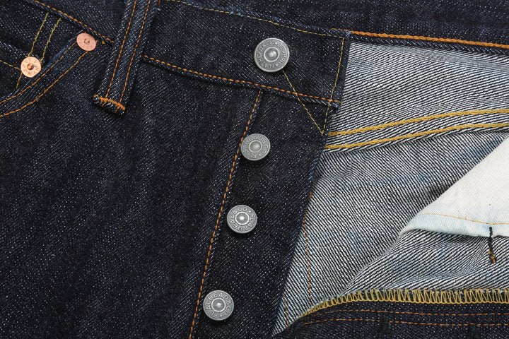 The Flat Head FN-8004 18oz selvedge denim jeans wide tapered fit indigo buttons detail
