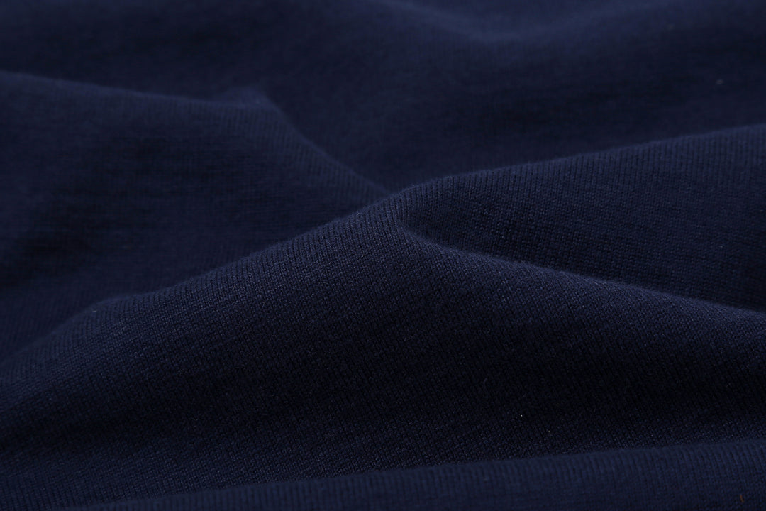 Deluxeware BSP-MNT01 10.5oz loopwheeled T-shirt with 5-needle binder neck, Mention Exclusive, made in Japan crew neck 5-Needle Binder Neck Sleeve Blue Jersey Close Up