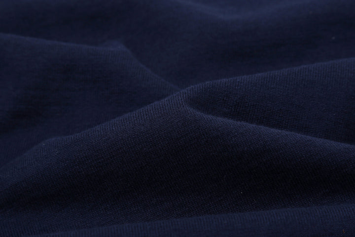 Deluxeware BSP-MNT01 10.5oz loopwheeled T-shirt with 5-needle binder neck, Mention Exclusive, made in Japan crew neck 5-Needle Binder Neck Sleeve Blue Jersey Close Up