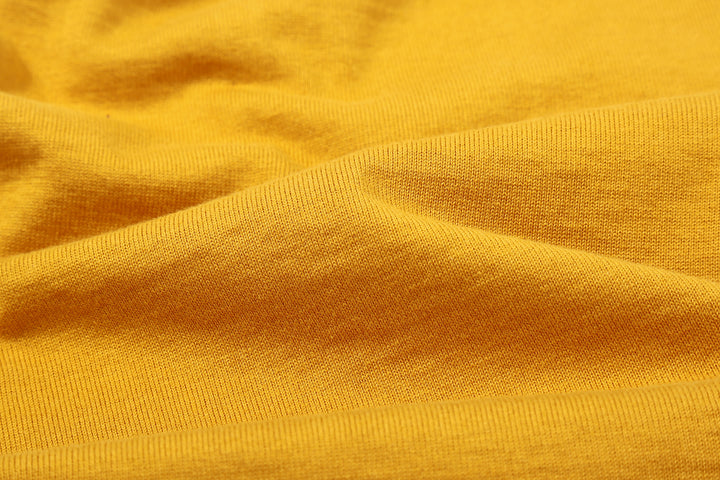 Deluxeware BSP-MNT01 10.5oz loopwheeled T-shirt with 5-needle binder neck, Mention Exclusive, made in Japan crew neck 5-Needle Binder Neck Sleeve Yellow Fabric Close Up