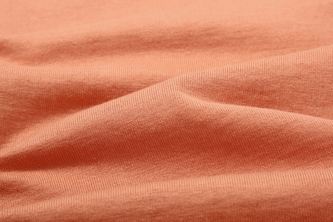 Deluxeware BSP-MNT01 10.5oz loopwheeled T-shirt with 5-needle binder neck, Mention Exclusive, made in Japan crew neck 5-Needle Binder Neck Sleeve Pink Fabric Close Up