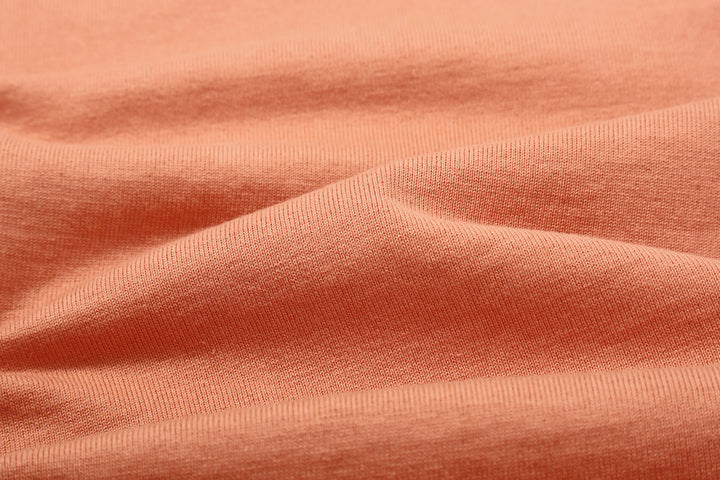 Deluxeware BSP-MNT01 10.5oz loopwheeled T-shirt with 5-needle binder neck, Mention Exclusive, made in Japan crew neck 5-Needle Binder Neck Sleeve Pink Fabric Close Up