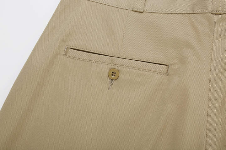 Attractions Wearmasters Lot.720 Giza Cotton Twill Heritage Trousers Beige – Left Back Pocket and Nut Button Detail