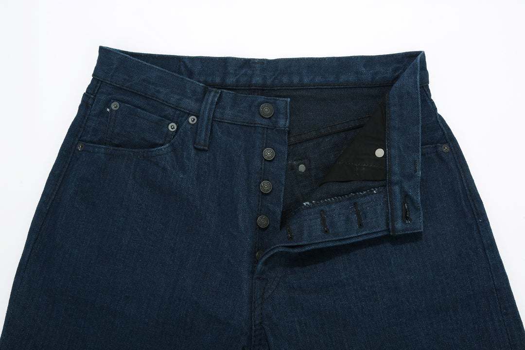 Pure Blue Japan OCE-002 14oz Oceanic Indigo Selvedge Jeans – Open Button Fly Detail