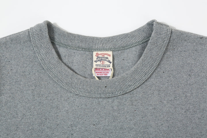 UES recycled denim short sleeve T-shirt made in Japan indigo sax blue collar close up