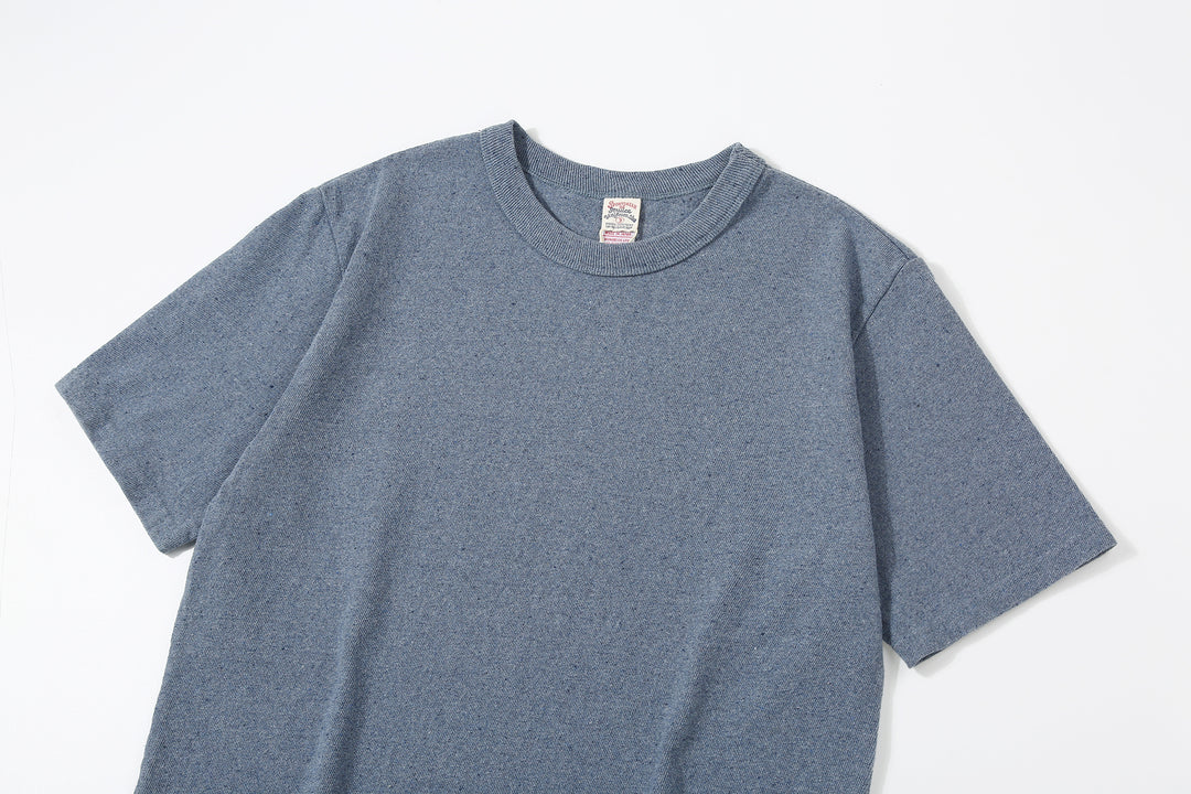 UES recycled denim short sleeve T-shirt made in Japan indigo sax blue front view collar