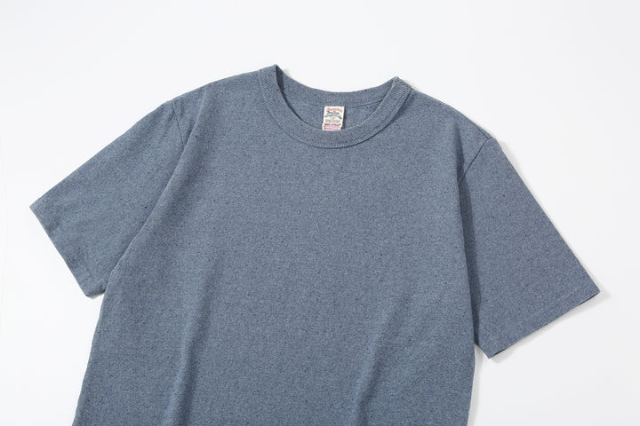 UES recycled denim short sleeve T-shirt made in Japan indigo sax blue front view collar