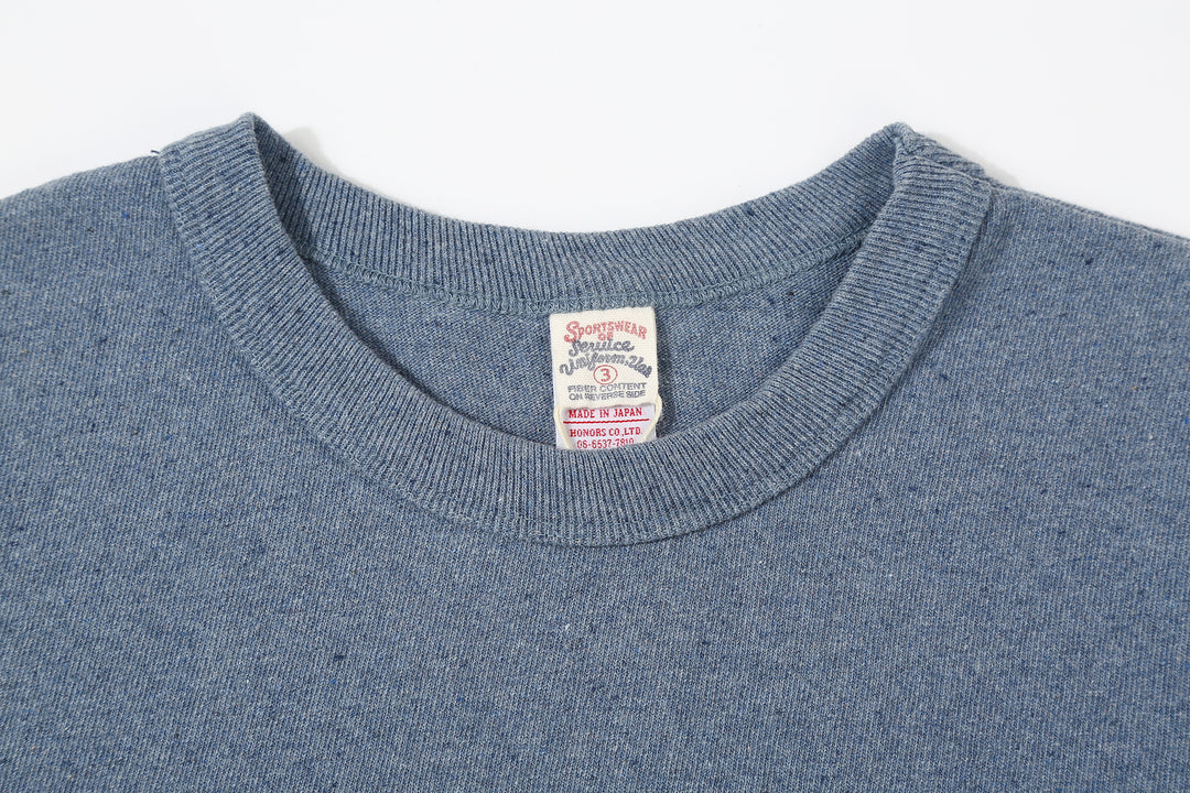 UES recycled denim short sleeve T-shirt made in Japan indigo collar close up