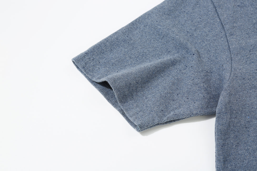 UES recycled denim short sleeve T-shirt made in Japan indigo heather blue sleeve