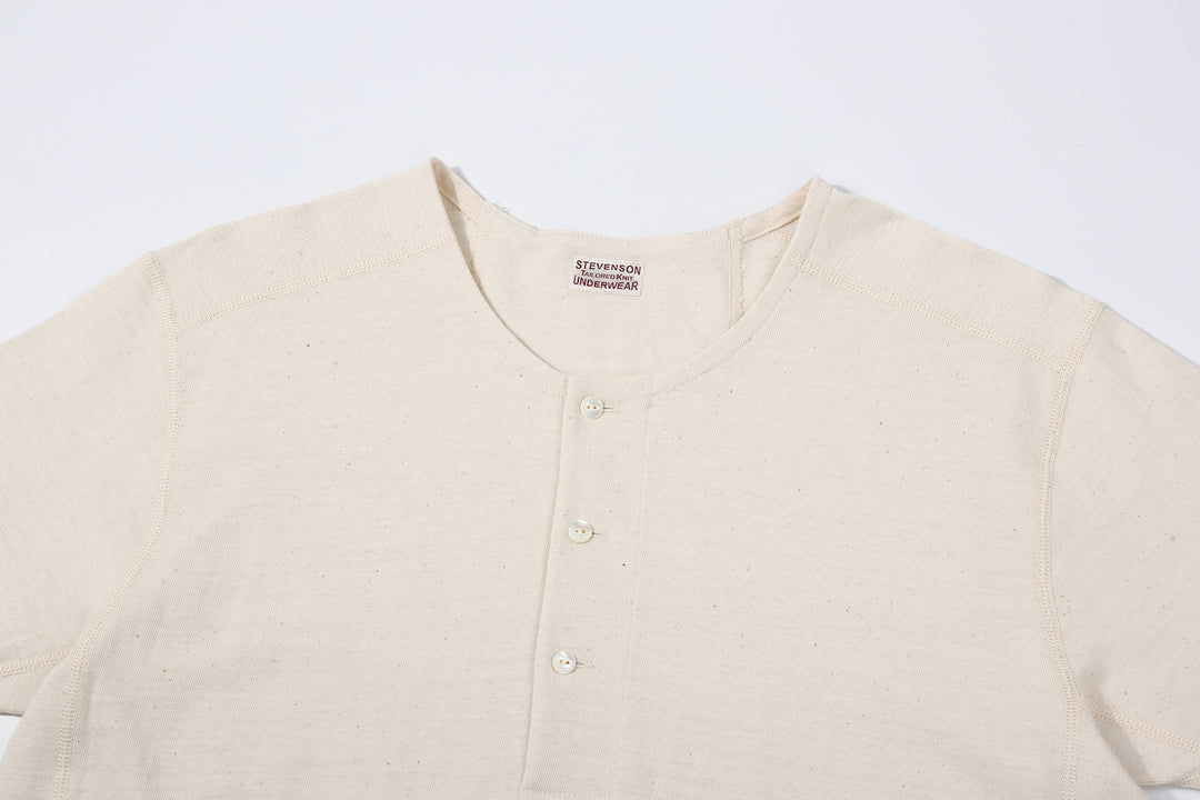 Stevenson Overall Co. SH Side Flex Loopwheeled Henley Neck T-Shirt Oatmeal Made In Japan neck