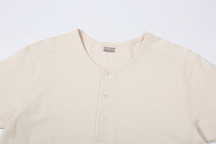 Stevenson Overall Co. SH Side Flex Loopwheeled Henley Neck T-Shirt Oatmeal Made In Japan neck