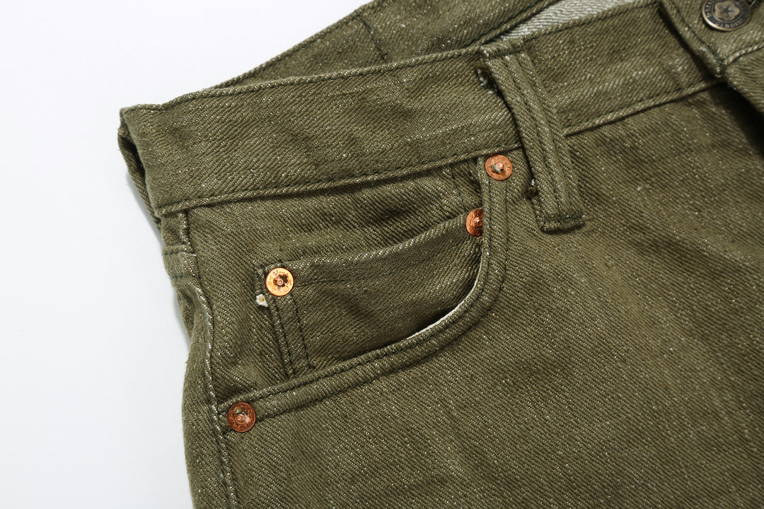 Samurai Jeans S0150GNX Uguisu 17oz selvedge denim classic straight fit full view right pocket close up