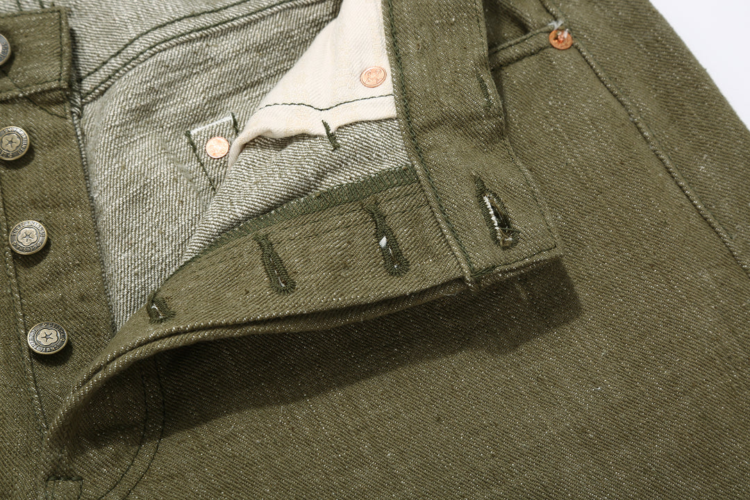 Samurai Jeans S0150GNX Uguisu 17oz selvedge denim classic straight fit full view button holes