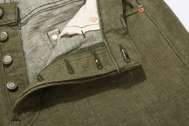 Samurai Jeans S0150GNX Uguisu 17oz selvedge denim classic straight fit full view button holes