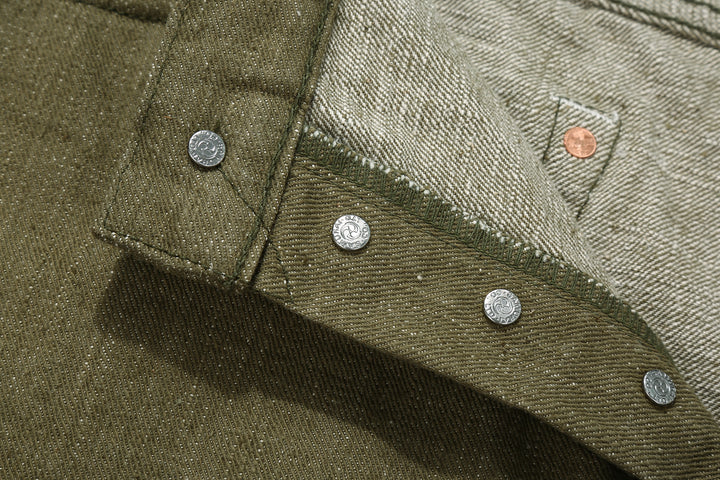 Samurai Jeans S0150GNX Uguisu 17oz selvedge denim classic straight fit full view buttons back side