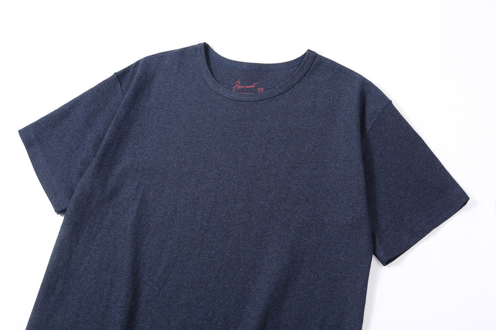 Boncoura reverse-face loopwheel heather indigo T-shirt laid-flat front view