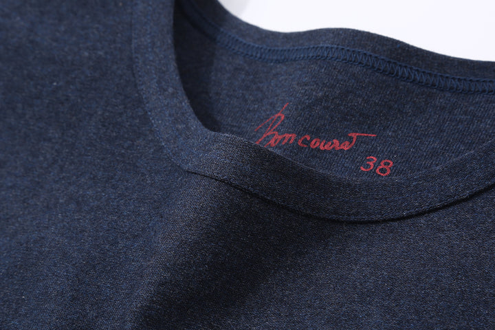 Boncoura reverse-face heather indigo T-shirt ribbed binder neck detail