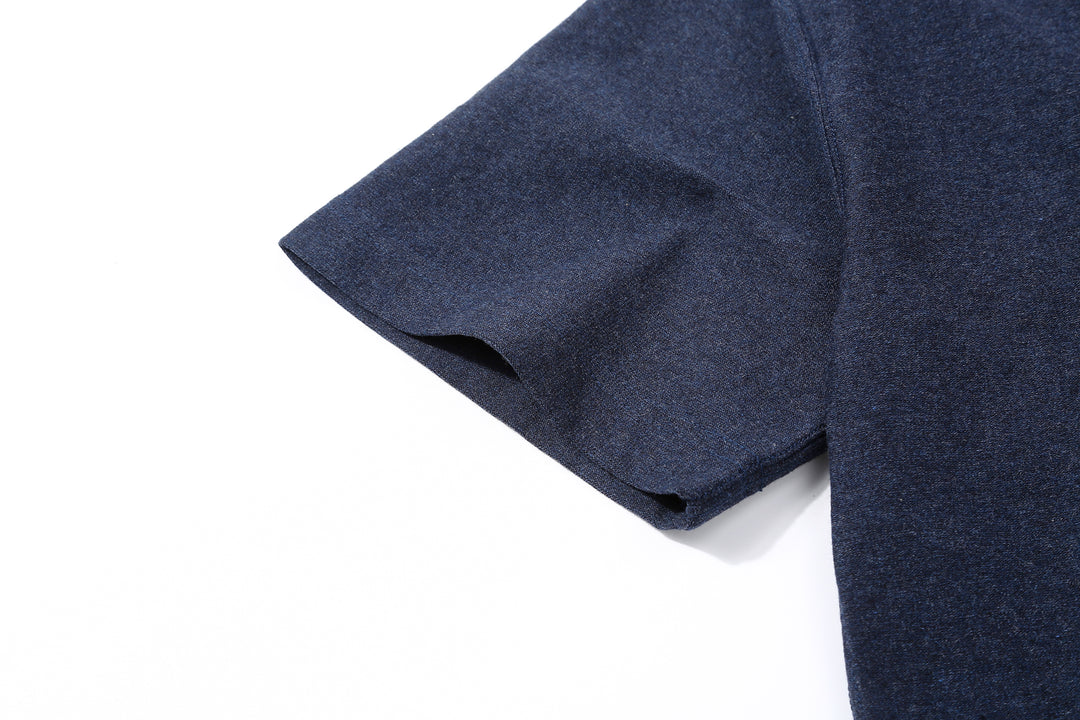 Boncoura heather indigo T-shirt sleeve hem construction detail