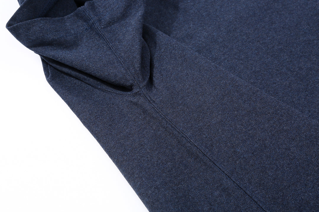 Boncoura reverse-face heather indigo T-shirt side seam construction