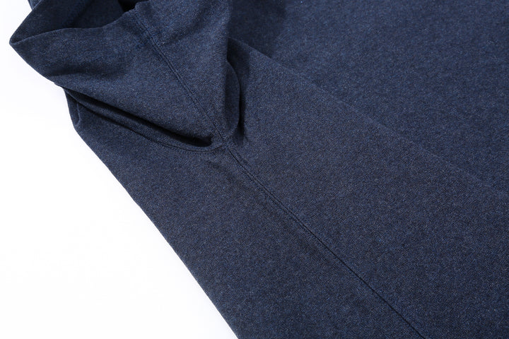 Boncoura reverse-face heather indigo T-shirt side seam construction