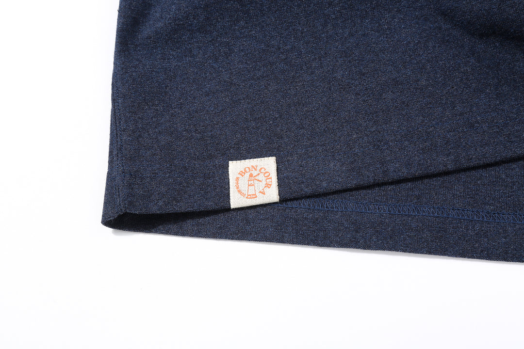 Boncoura heather indigo T-shirt lighthouse woven label at hem