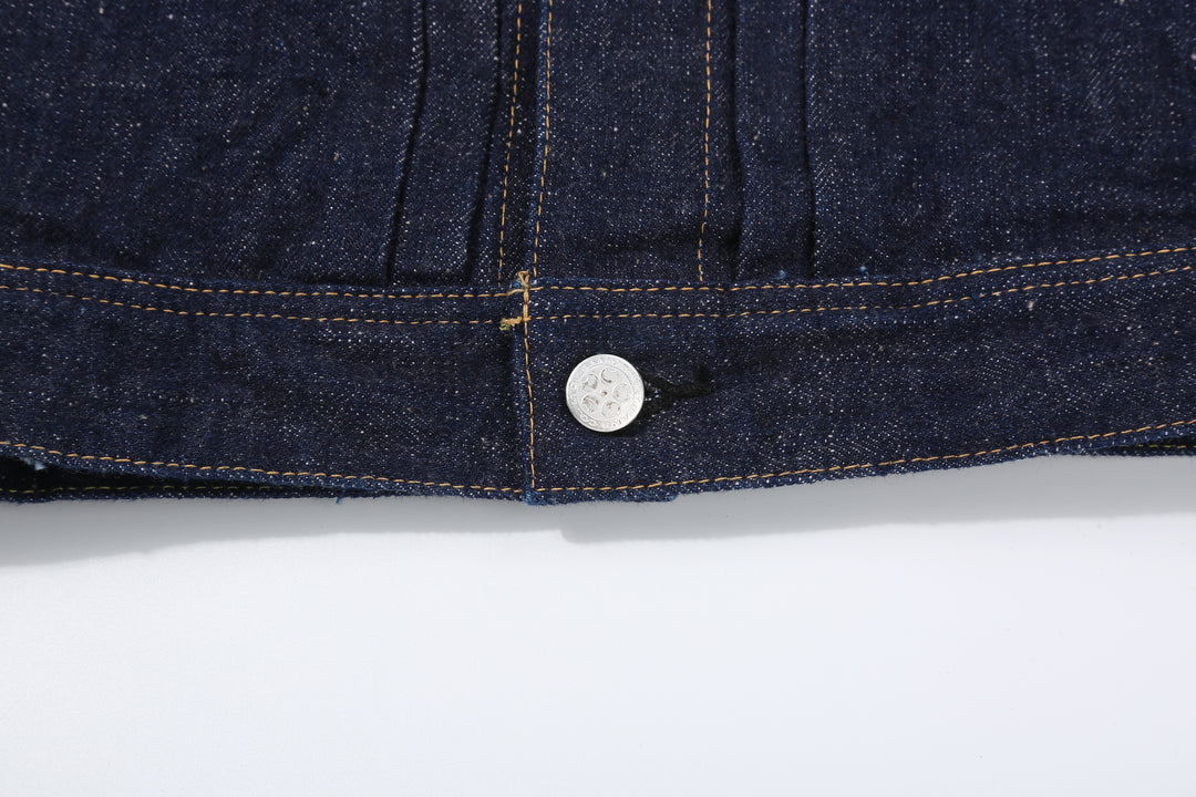 Samurai Jeans S101AX AI Plus 18oz selvedge denim jacket front view button close up