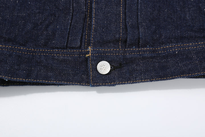 Samurai Jeans S101AX AI Plus 18oz selvedge denim jacket front view button close up