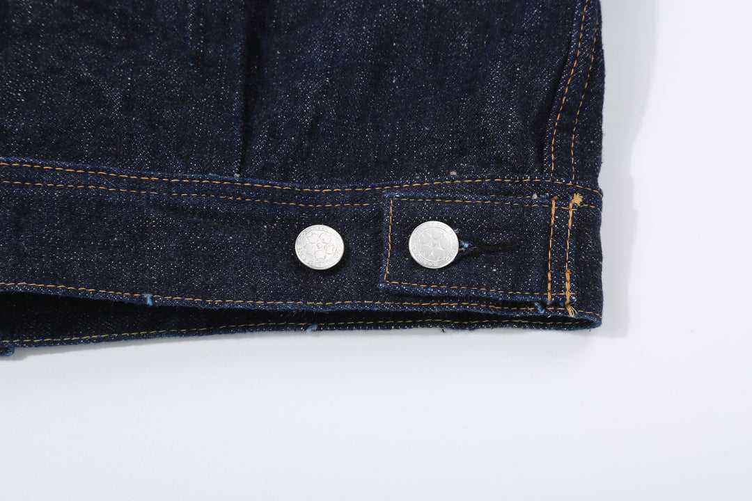Samurai Jeans S101AX AI Plus 18oz selvedge denim jacket front view adjuster buttons close up
